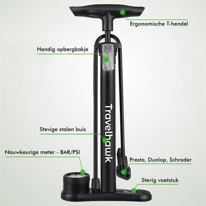 fietspomp mountainbike Fietspomp – Travelhawk (Met Drukmeter & Universele Ventielen)