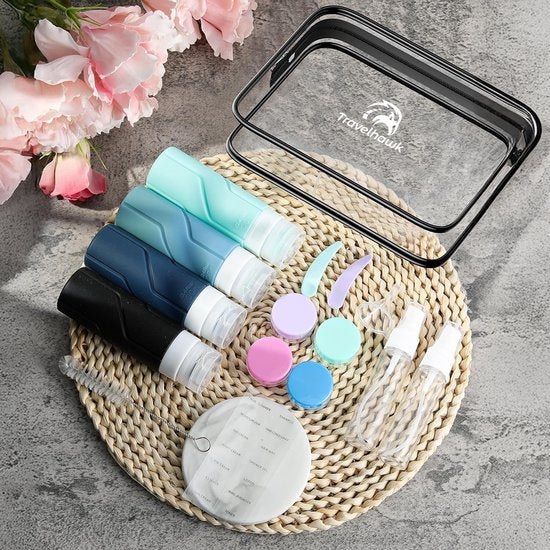 transparant travelhawk etui met flesjes en potjes