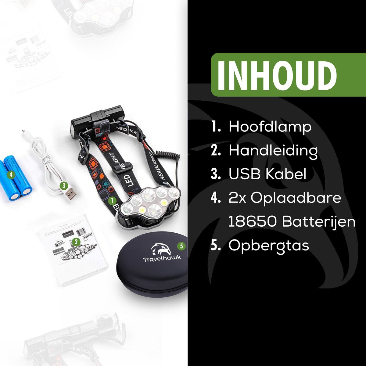 travelhawk LED hoofdlamp oplaadbaar zwart op tafel
