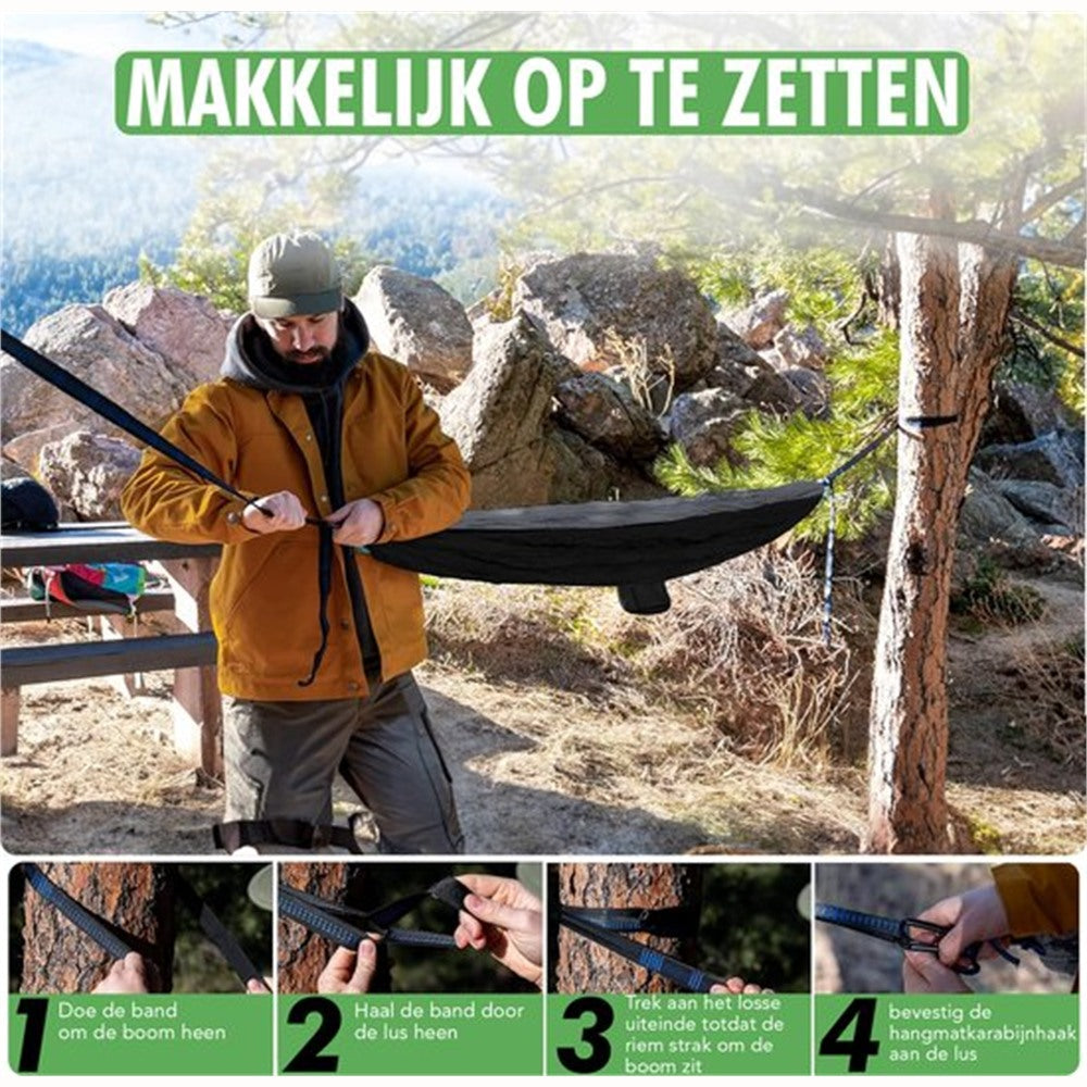 travelhawk hangmat 2 persoons opgehangen tussen bomen