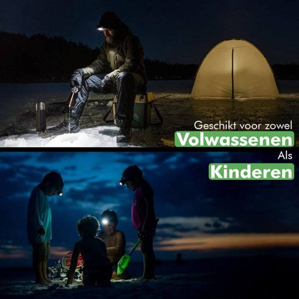 travelhawk hoofdlamp op hoofd tijdens kamperen