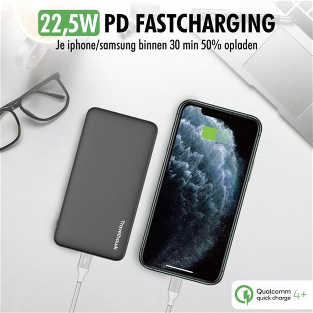travelhawk powerbank 2 usb-c zwart op tafel