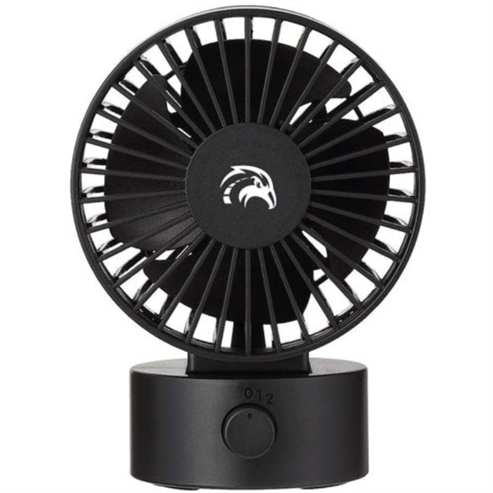 Zwarte Travelhawk mini USB-tafelventilator met ronde voet en draaiknop