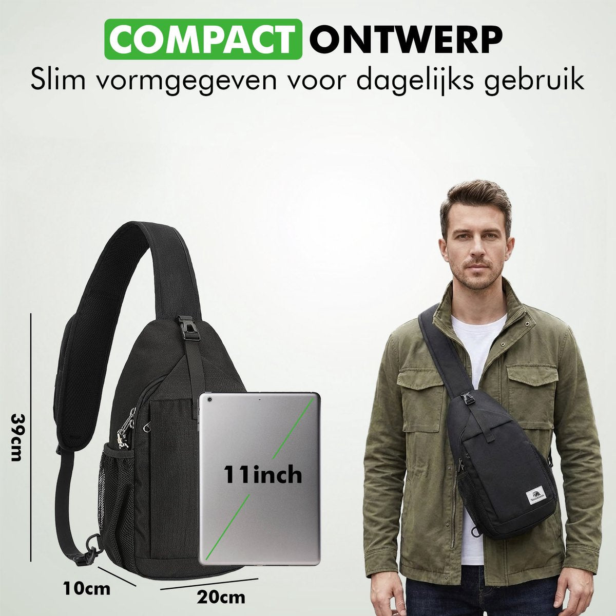 zwarte sling bag met 7 praktische opbergvakken
