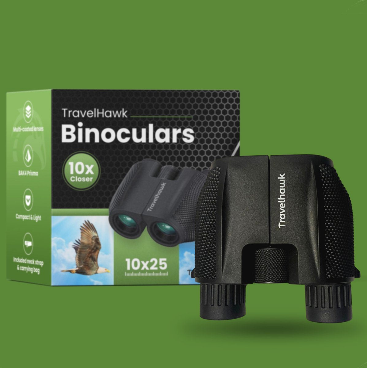 Detail Travelhawk verrekijker 10x25 robuuste behuizing met comfortabele grip en nekkoord